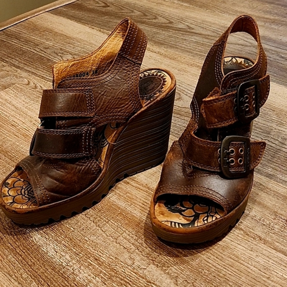 Fly London Brown Leather Wedge Sandals - Picture 2 of 6